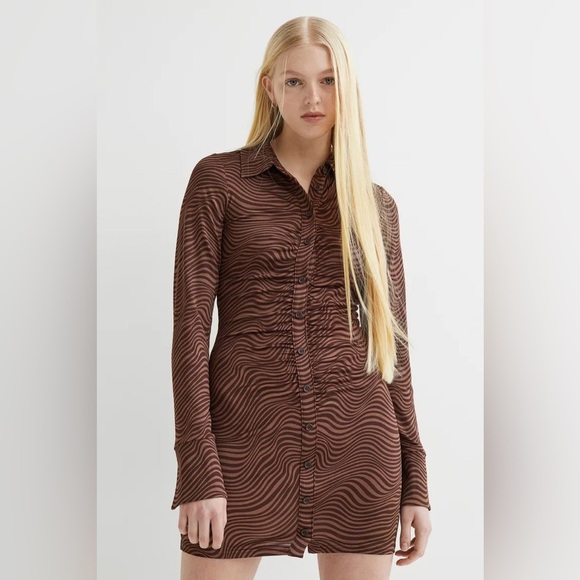 H&M Draped Shirt Dress – Brown Wave Pattern – XXL - Picture 4 of 13